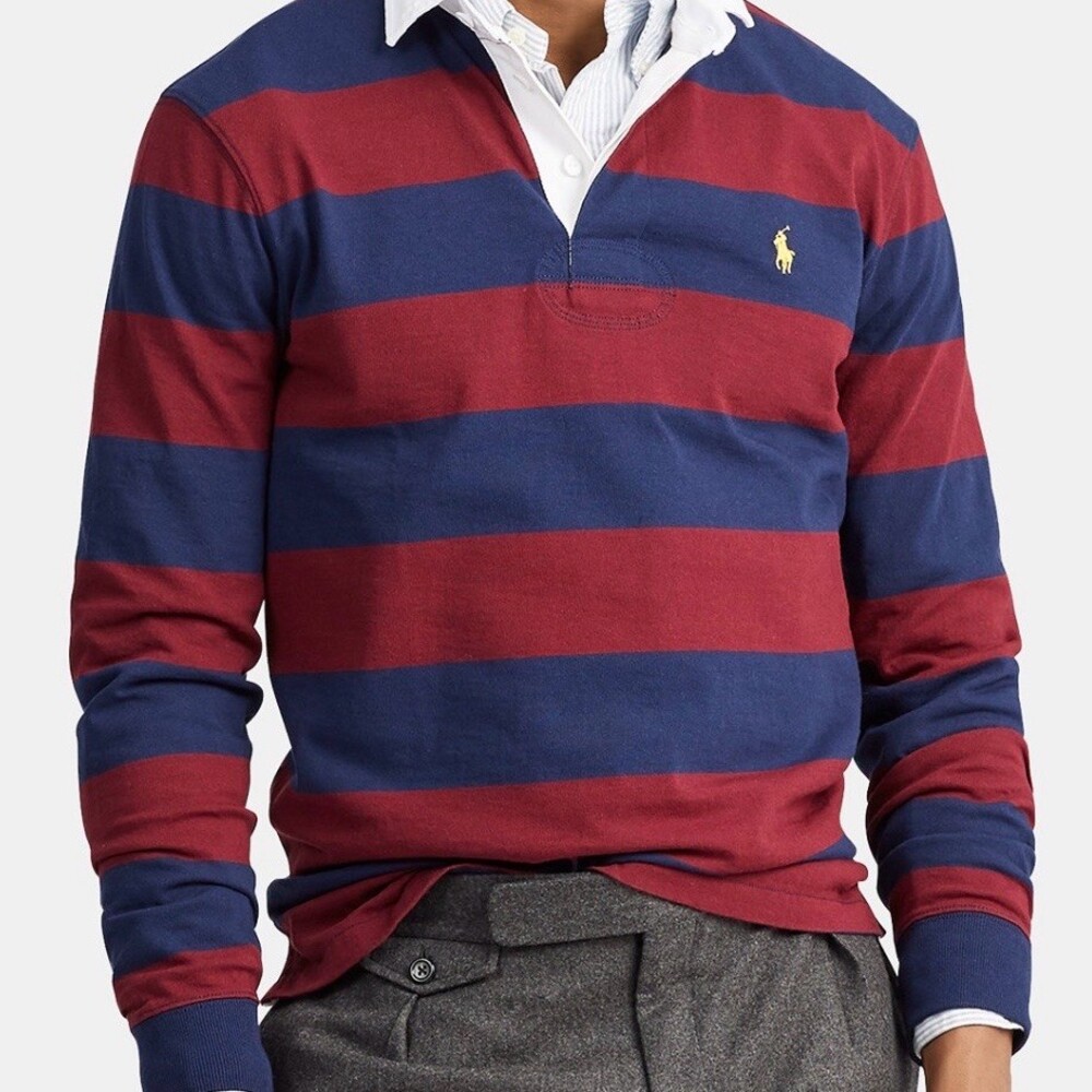 Polo Ralph Lauren Rugby Polo Shirt Mens M Navy Burgundy Striped Long